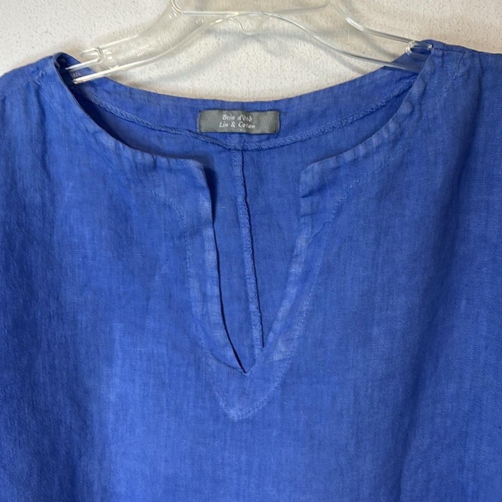 Brin D’ete Women's 100% Linen Top Periwinkle Blue XXL 3/4 Bell Sleeves Pockets - Picture 2 of 10